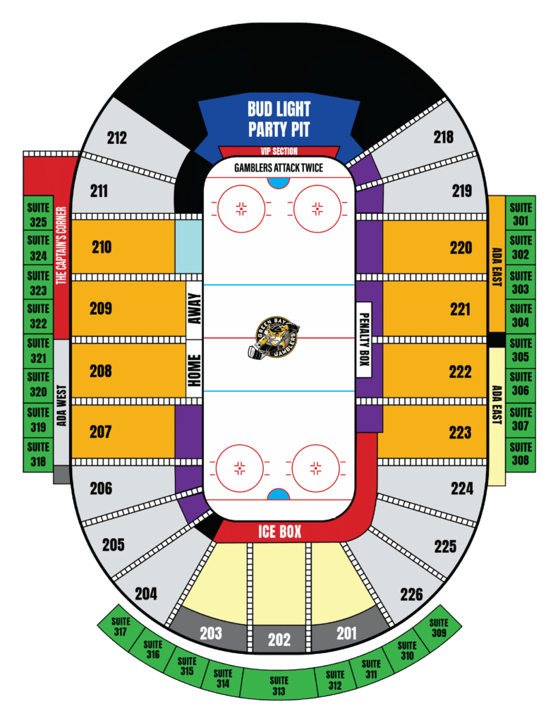 The seating chart for the Gamblers 2026-2027 season.